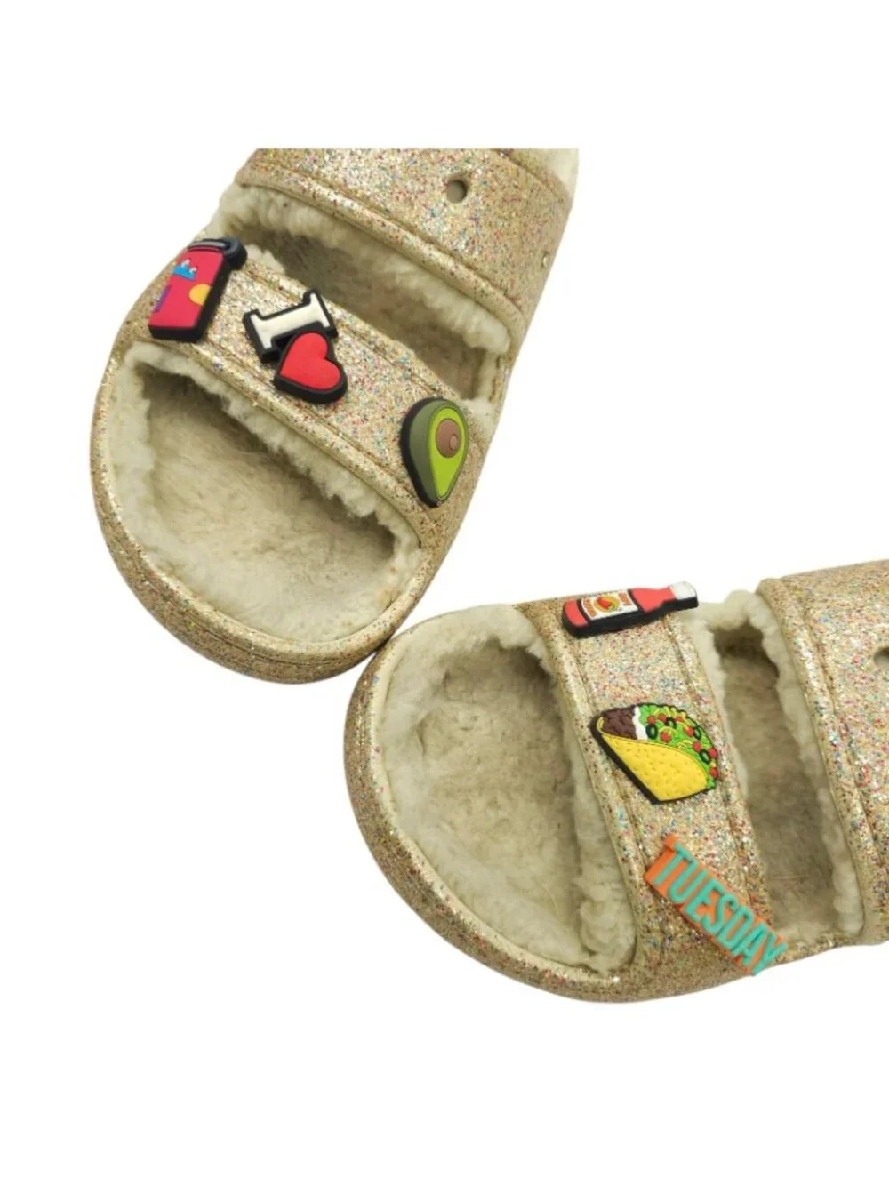 Crocs Classic Cozzzy Glitter Sandals Women 7 Gold Fuzzy Lined Slide Taco Jibbitz